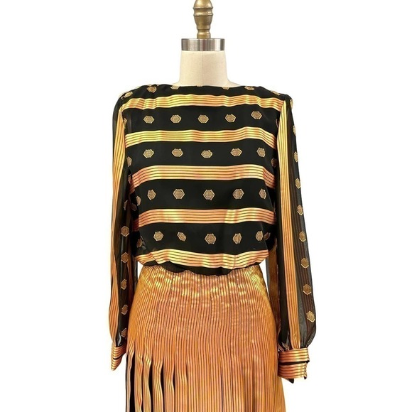 1980s VTG Raul Blanco Metallic Gold/Black  Stunning Polyester Evening Dress Sz S - Picture 2 of 8